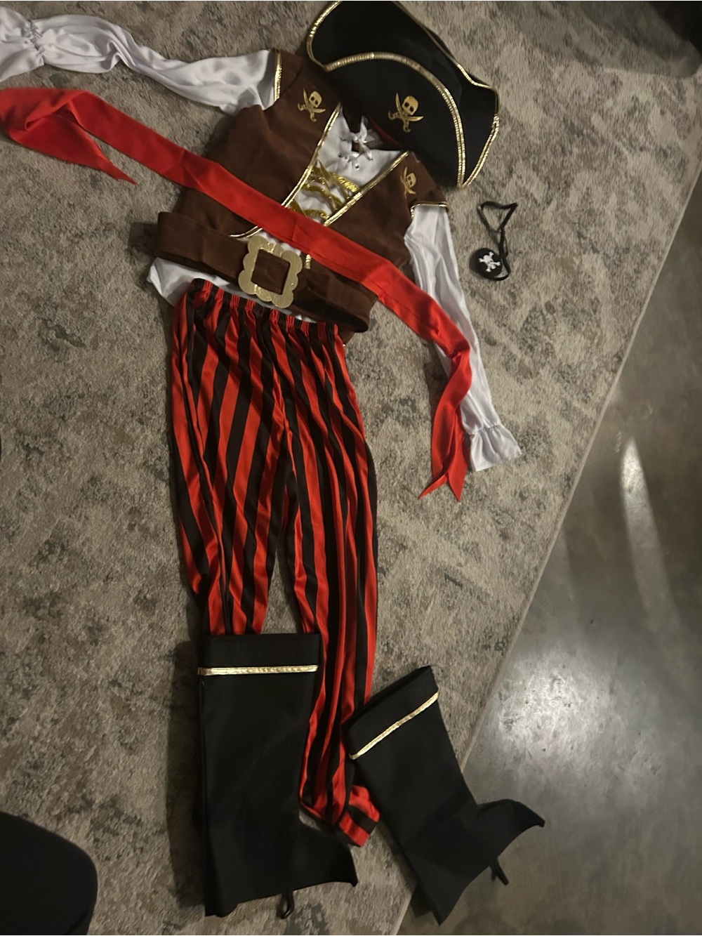 Kids Pirate Costume with Red & Black Striped Pants and Brown Vest